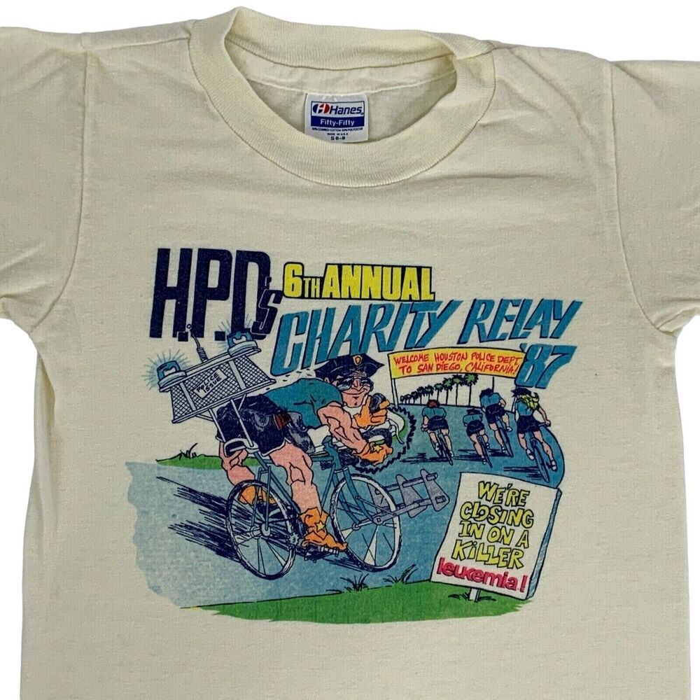 Vintage 80s Houston Police Bike Relay T Shirt HPD Ivory Kids Youth S Small 6-8